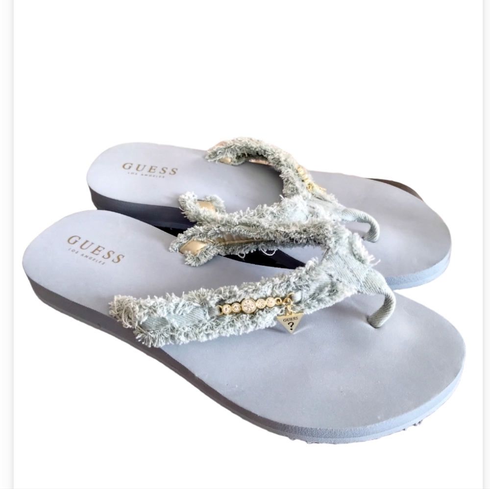 Vintage Guess Blue Gray Fuzzy Sparkly Rhinestone Y2K Flip Flops Sandals …